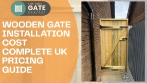 Front view of a professionally installed wooden side gate fitted securely between two brick house walls.