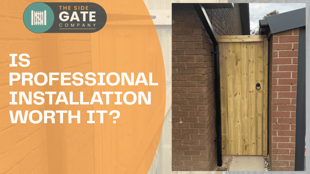 Securely installed rear wooden side gate with black hinges and bolt latch fitted between a brick wall and boundary fence.