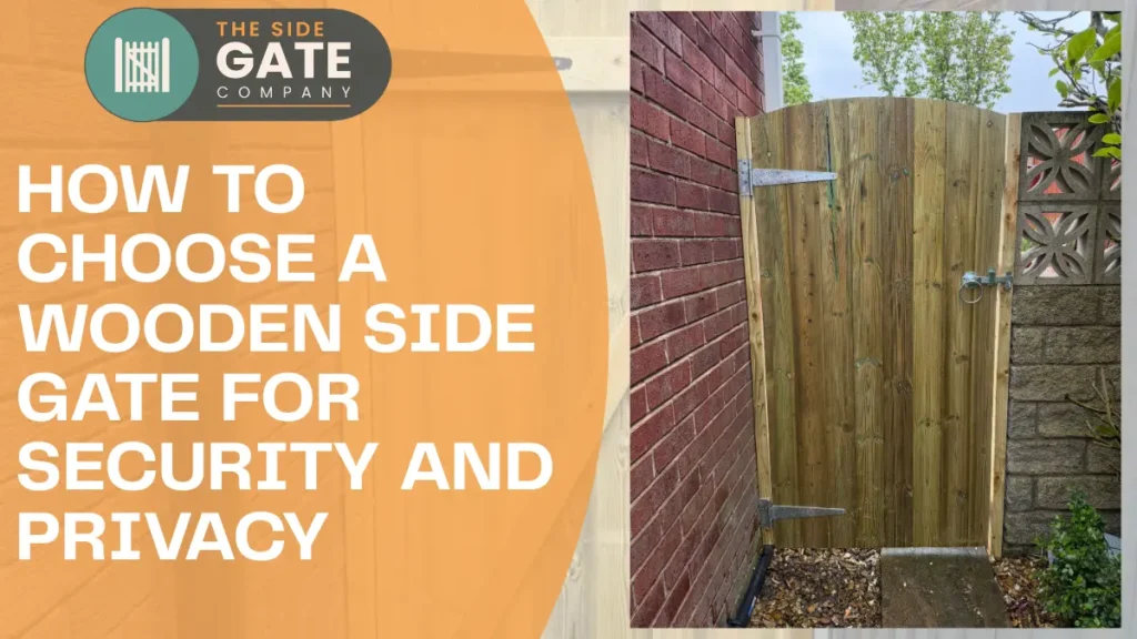 An arched wooden side gate installed between a red brick wall and a stone fence, with the company logo and featured text overlay.